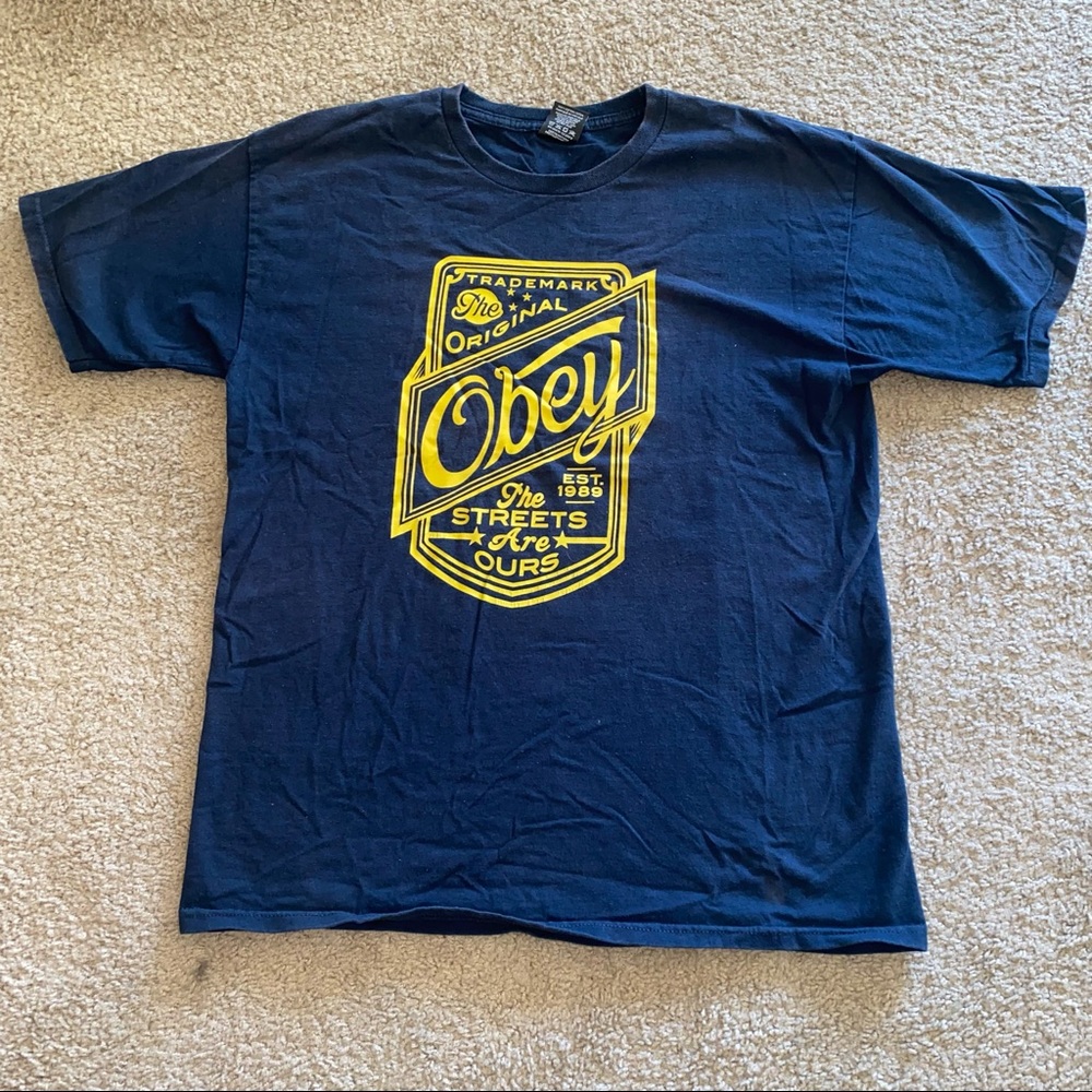 Men’s Navy Blue Obey Trademark Logo Short Sleeve T-shirt Size Large